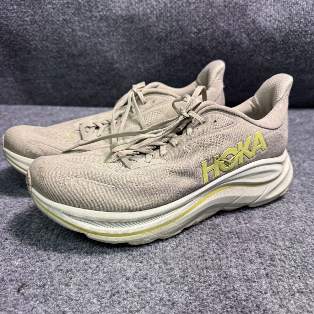 Hoka Running Shoes Mens 10.5 Clifton 10 Beige Yellow EUC